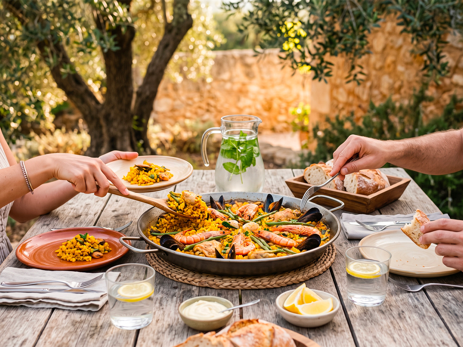 Paella au feu, tablée en extérieur