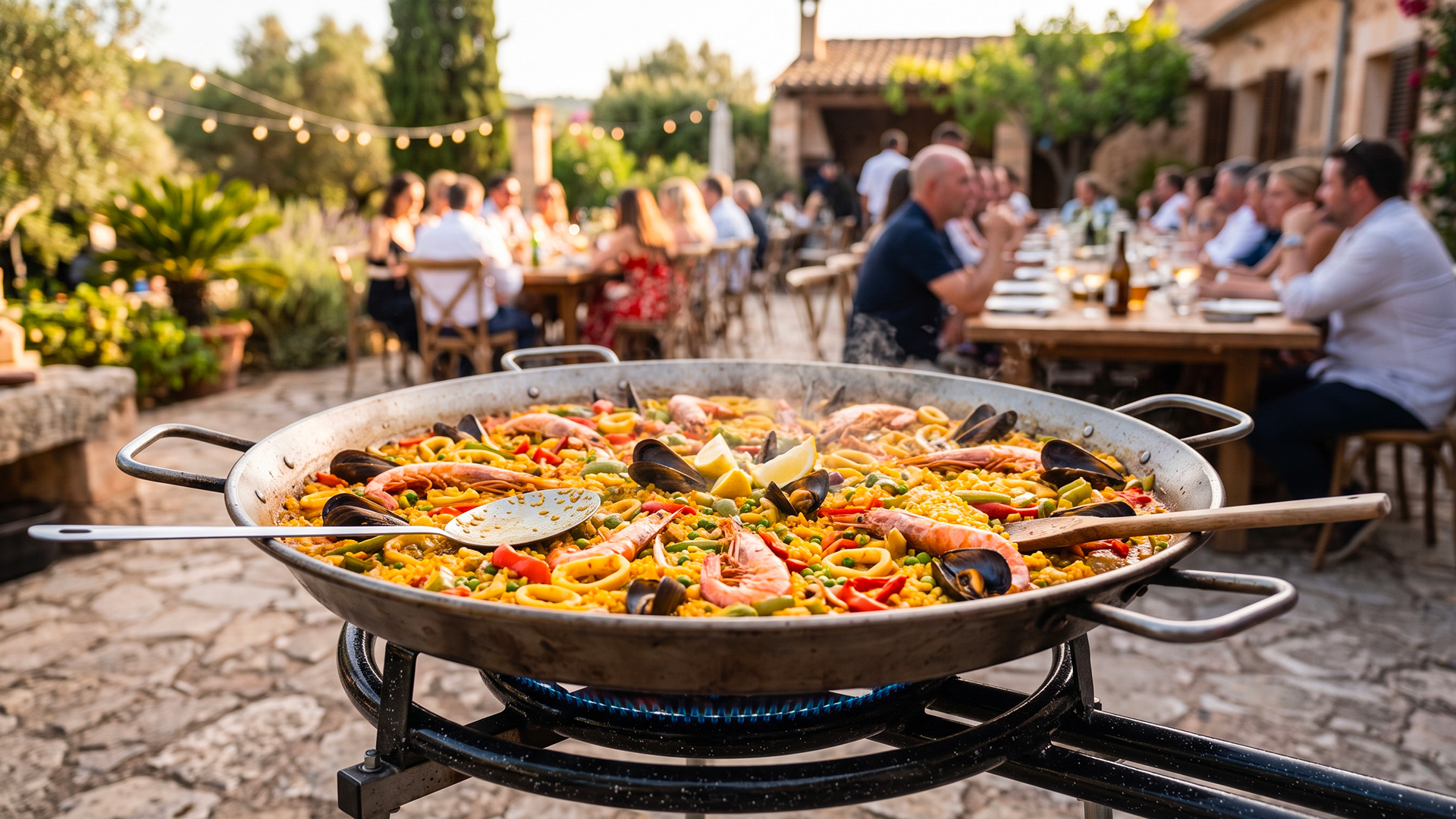 Paella grand format préparée pour un événement de traiteur